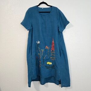 MINIBEE Linen Blend Embroidered Floral Tunic Dress Blue Size L Laggenlook
